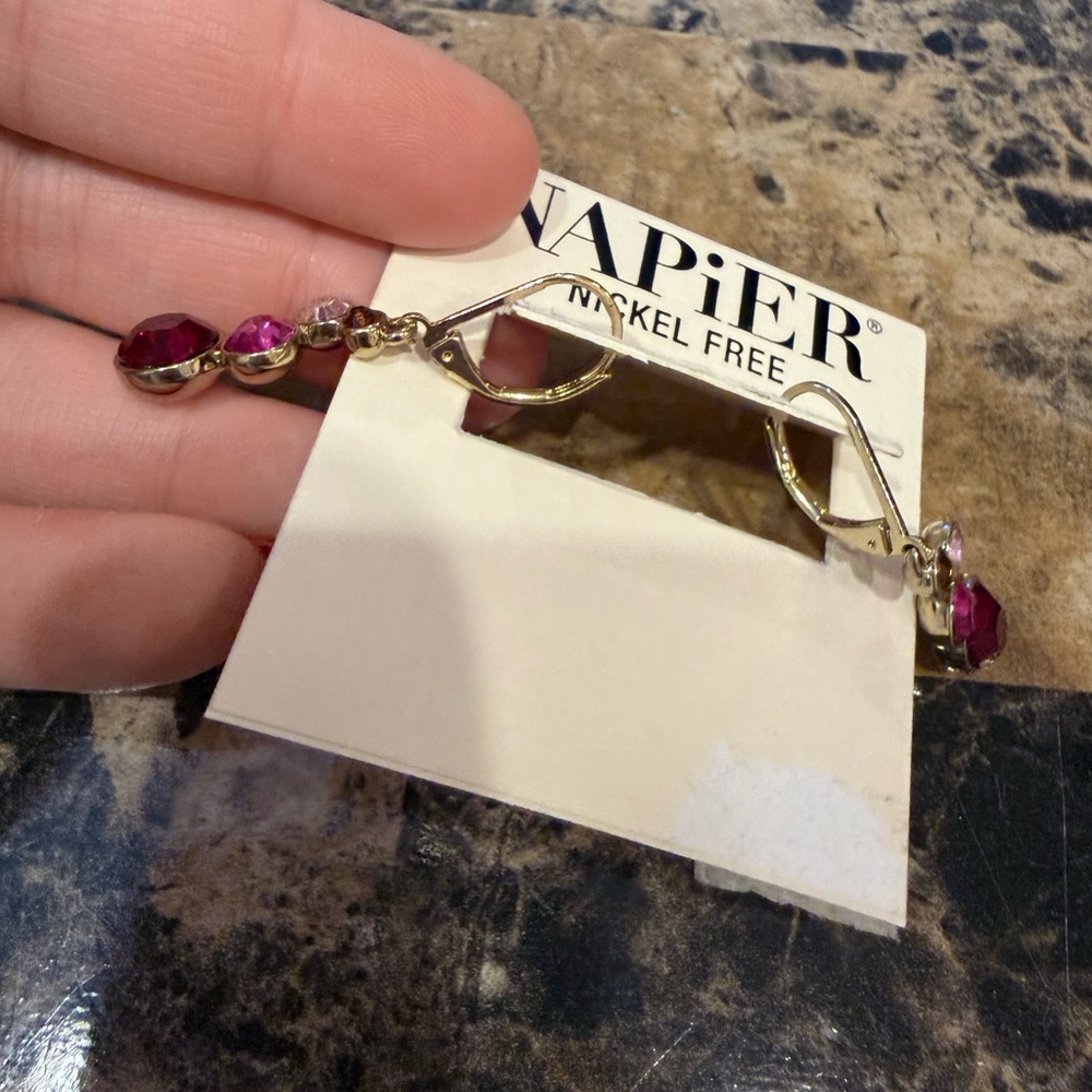 Napier Gold-Tone Pink & Red Crystal Drop Earrings - Picture 4 of 6